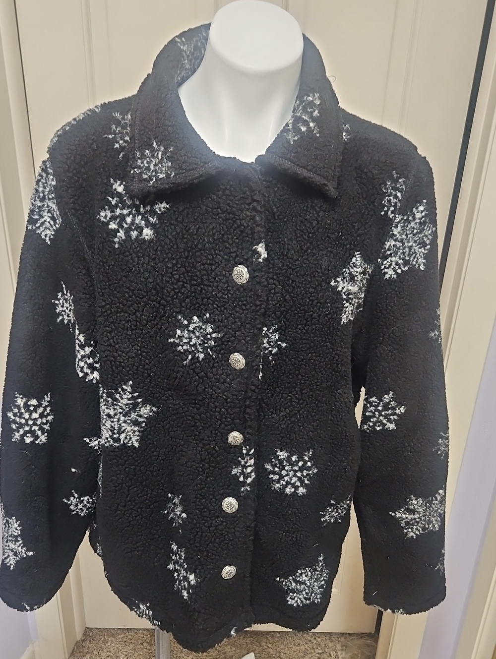 White Stag Black Sherpa Jacket with White Snowflake Motif